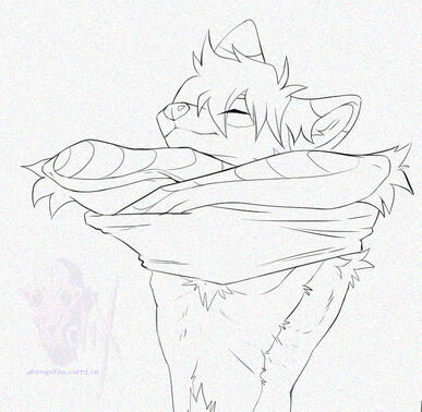 A lineart of an anthropomorphic enfield in the middle of taking off his shirt.