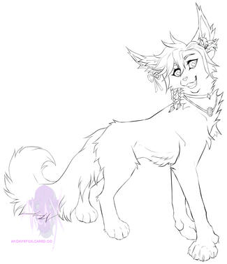 Lineart of a smiling, medium-sized wildcat, with tall, traingular ears. She wears 2 necklaces, has a tropical flower tucked next to her ear, and had braided headfur.