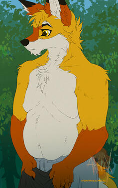 Halfbody of a shirtless chunky, yellow coyote. Some foliage can be seen behind him.
