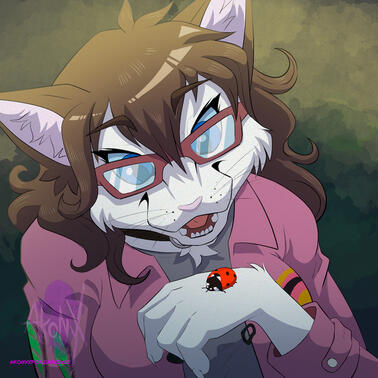 A white cat woman with brown hair, pink framed glasses, and pink jacket looks down at a red lady beetle which sits atop her hand. She is smiles in wonder.