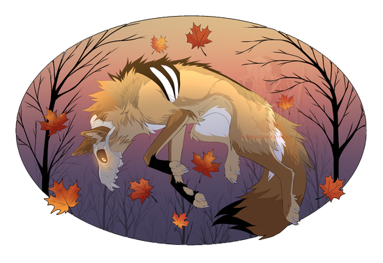 A cartoon of a tawny coyote mid-leap. in a leafless deciduous forest. He is wearing a skull on his face, glowing, golden pupils looking out from within. Falling sugar maple leaves surround the coyote.